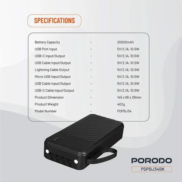 پاوربانک 10.5 وات پرودو مدل Piano PDPBJ34BK ظرفیت 20000 میلیآمپرساعت 101527755